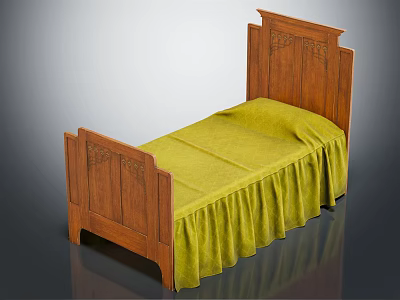 Traditional Wooden Single Bed with Carved Headboard and Footboard and Green Bed Skirt 3d model