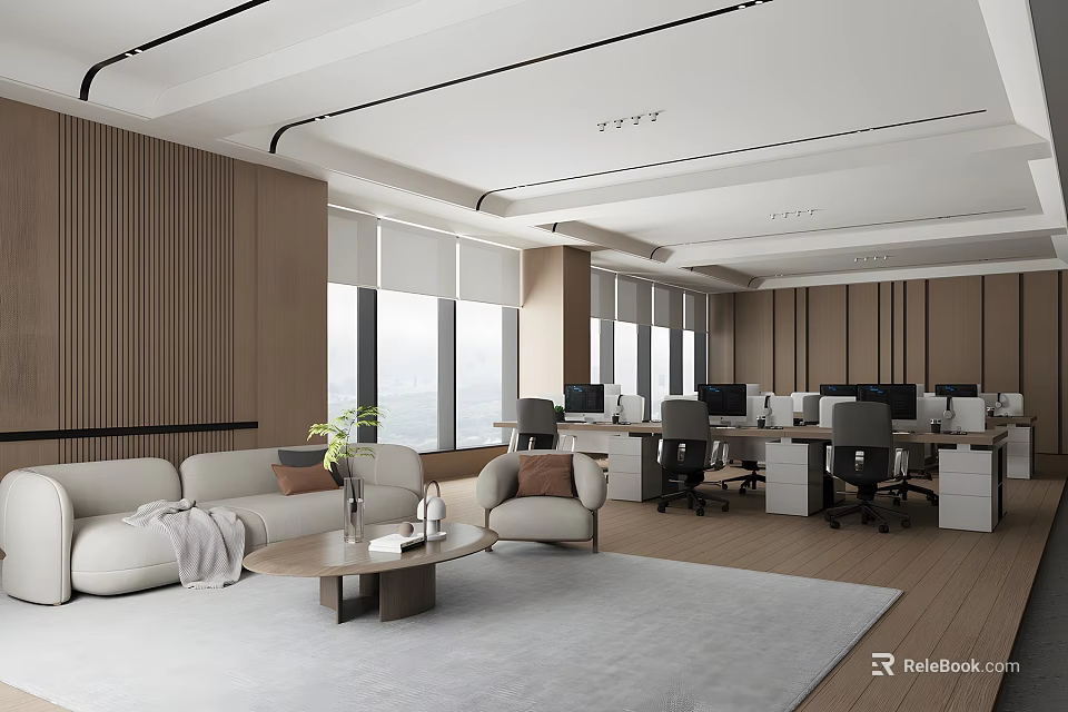 Modern Public Office Space Interior With Sofa Area Green Plant Work Desks And Office Chairs 3d model 