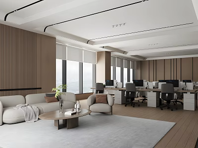 Modern Public Office Space Interior With Sofa Area Green Plant Work Desks And Office Chairs 3d model