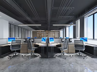 Modern Public Office Area With Open Layout Ergonomic Chairs Blue Screen Computers And Large Windows 3d model