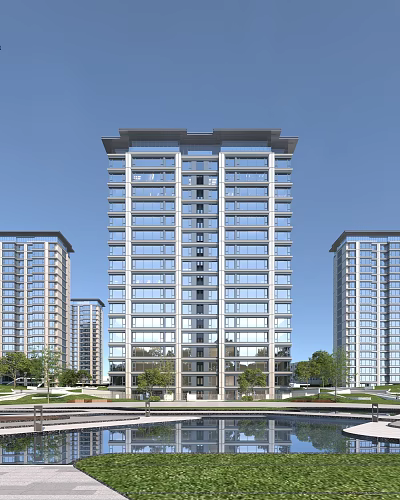 Modern High Rise Residential Building With Glass Curtain Wall And Trees 3d model