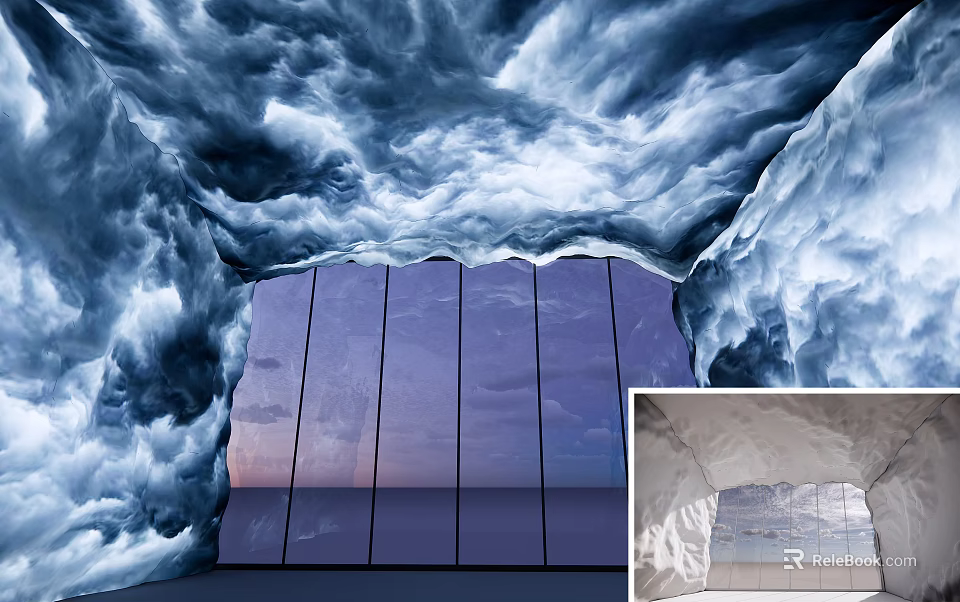 Modern Exhibition Hall Cultural Wall Design With Blue Cloud Patterns And Partitioned Panels 3d model 