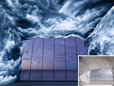 Modern Exhibition Hall Cultural Wall Design With Blue Cloud Patterns And Partitioned Panels 3d model