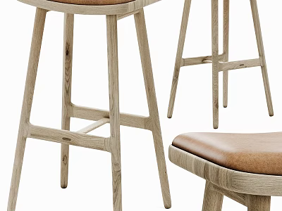 Modern Wooden Bar Stools With Leather Seats For Kitchen Bar Counter Interior Design 3d model