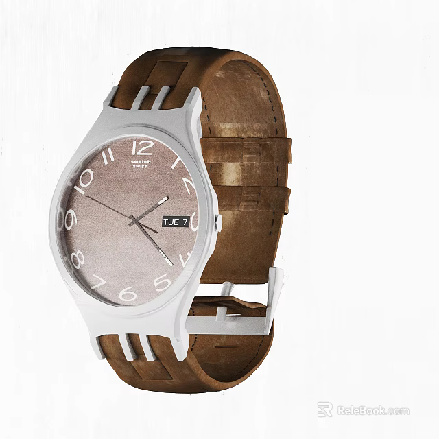 Classic Watch With Brown Dial White Case Leather Strap And Date 3d model 