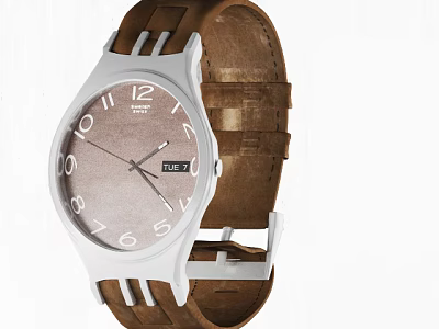 Classic Watch With Brown Dial White Case Leather Strap And Date 3d model