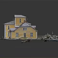 Spacious Yellow Architectural Model Building With Snow Covered Roof Windows And Porch