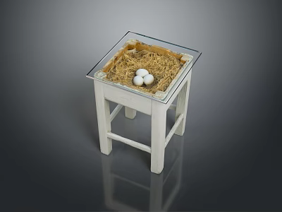 Three Fresh White Eggs On Straw Under Glass Cover On White Table 3d model