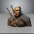 White Haired Warrior 3D Bust Model With Chainmail Armor Wolf Emblem And Weapons 3d model