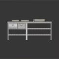 Fresh Meat and Fish Displayed on Stainless Steel Workbench with Metal Trays