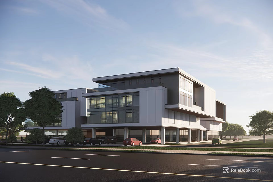 Modern Office Building Exterior Design With Glass Curtain Walls Parking Area And Trees 3d model 
