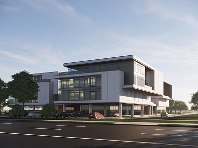 Modern Office Building Exterior Design With Glass Curtain Walls Parking Area And Trees 3d model