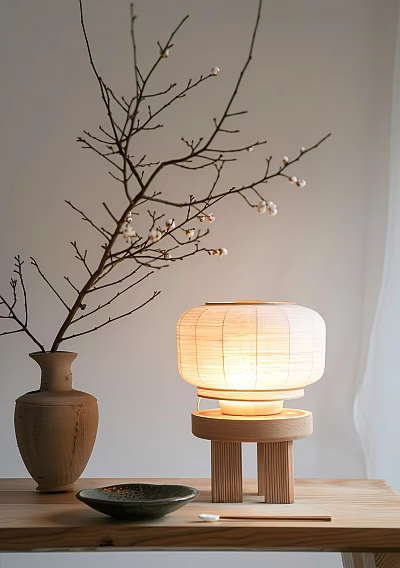 Japanese Lit Table Lamp With Paper Shade Wooden Base And Vase With White Flower Branches 3d model