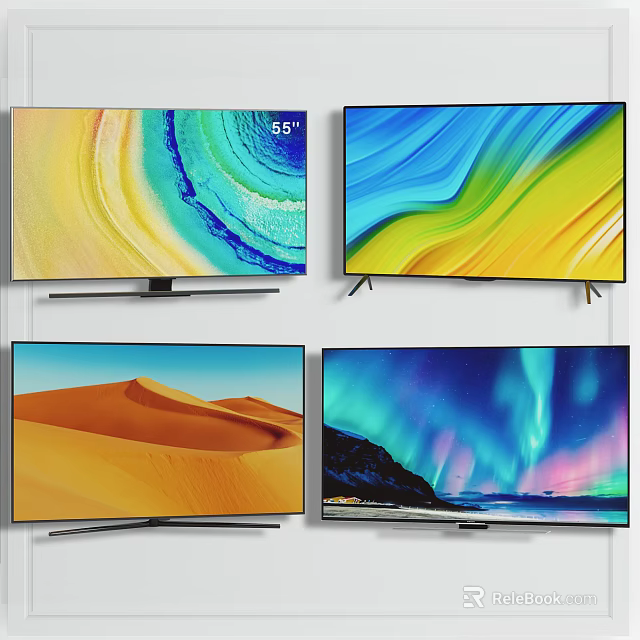 55 Inch Televisions Displaying Scenic Desert Aurora and Abstract Spiral Wave Patterns 3d model 