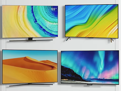 55 Inch Televisions Displaying Scenic Desert Aurora and Abstract Spiral Wave Patterns 3d model