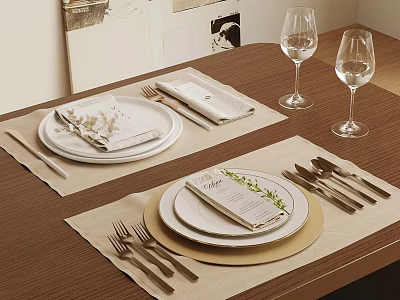 Elegant Dining Table Setting With Plates Napkins Cutlery And Wine Glasses 3d model
