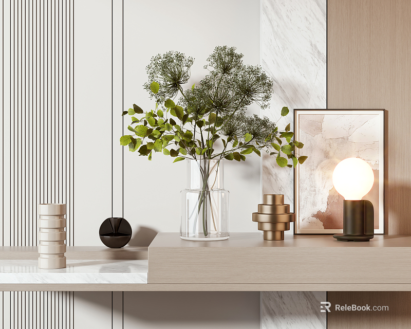 Modern Decorative Ornament Set With Glass Vase Green Plants Table Lamp And Picture Frame 3d model 