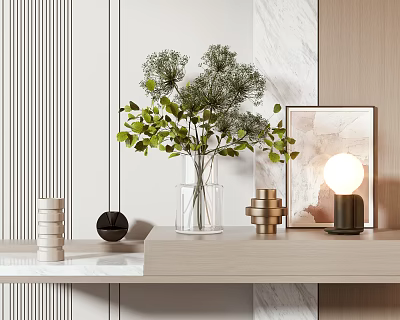 Modern Decorative Ornament Set With Glass Vase Green Plants Table Lamp And Picture Frame 3d model