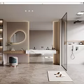 Modern Bathroom Interior With Round Mirror Marble Vanity Glass Shower And Recessed Lighting