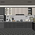 Modern Kitchen Interior With Dark Beige Cabinets Built In Appliances Tiled Backsplash And Patterned Floor 3d model