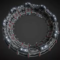 Cartoon Scene Of Futuristic Circular Structure With Multiple Towers Illuminated Lights And Mechanical Details