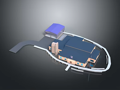 3D Architectural Model of Building With Blue Roof Purple Canopy and Surrounding Pathway 3d model