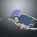 3D Architectural Model of Building With Blue Roof Purple Canopy and Surrounding Pathway