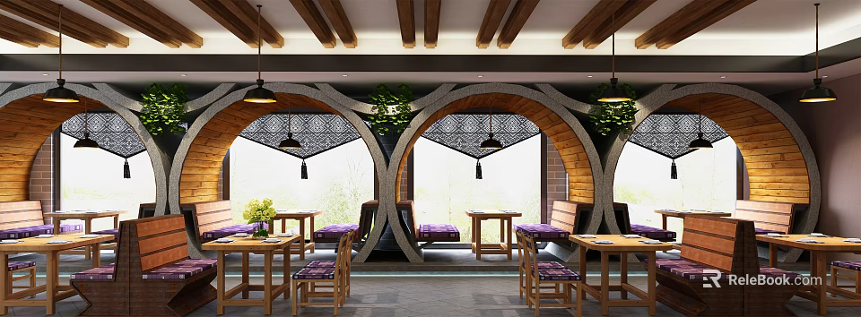 Cozy Restaurant Interior With Arched Windows Wooden Beams Pendant Lights Green Plants And Tables 3d model 