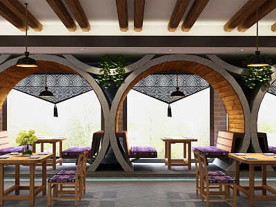 Cozy Restaurant Interior With Arched Windows Wooden Beams Pendant Lights Green Plants And Tables 3d model