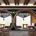 Cozy Restaurant Interior With Arched Windows Wooden Beams Pendant Lights Green Plants And Tables