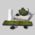 Modern Decorative Ornament Set With Moss Bowl Sculpture Stacked Books And Pinecones