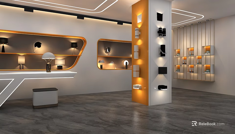 Modern Exhibition Hall Interior Design With Orange Pillar Shelves White Walls And Display Lamps 3d model 