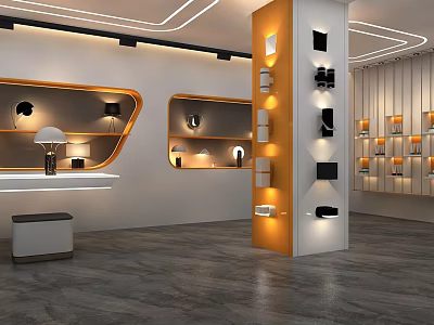 Modern Exhibition Hall Interior Design With Orange Pillar Shelves White Walls And Display Lamps 3d model