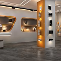 Modern Exhibition Hall Interior Design With Orange Pillar Shelves White Walls And Display Lamps