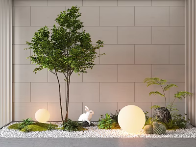 Outdoor Garden Decor With Tree White Rabbit Round Lights Green Plants And Pebbles 3d model
