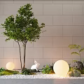 Outdoor Garden Decor With Tree White Rabbit Round Lights Green Plants And Pebbles