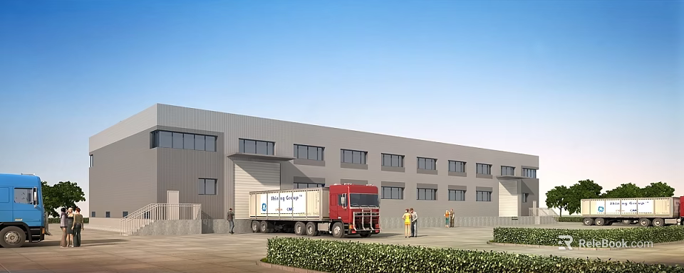 Industrial Factory Building Exterior With Red Truck Workers And Green Bushes 3d model 