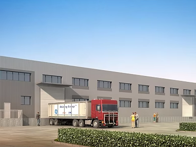 Industrial Factory Building Exterior With Red Truck Workers And Green Bushes 3d model