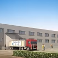 Industrial Factory Building Exterior With Red Truck Workers And Green Bushes