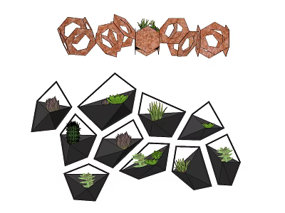 Geometric Shaped Bonsai Plant Pots With Succulents And Decorative Arrangement 3d model
