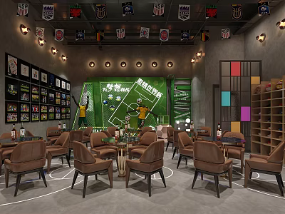 Sports Themed Mall Shop With NFL Team Flags Football Field Decor And Brown Dining Chairs 3d model