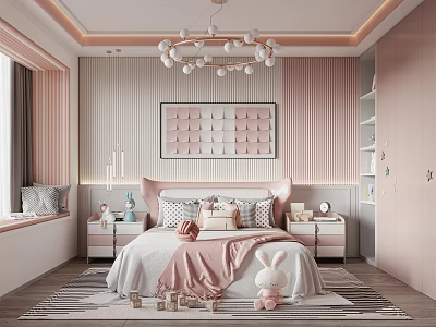 Pink Cozy Children's Room Interior With Bed Chandelier Decorative Painting And Rabbit Doll 3d model