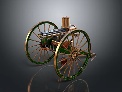 Ancient Historical Cannon Weapon With Green And Gold Wheels Detailed Brass Components As Vintage Artillery 3d model