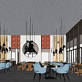 Elegant Modern Restaurant Interior With Blue Chairs Chandeliers Bar Counter And Large Windows