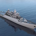 Modern Warship On Open Sea With Radar Antennas Upper Deck Structures And Calm Water Reflections