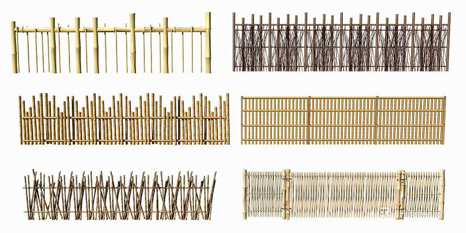 Various Bamboo Fences With Different Weave Styles And Natural Finishes 3d model 