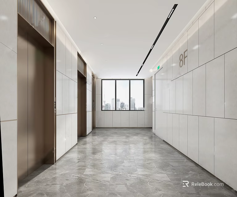 Modern Elevator Hallway With Marble Flooring And City View Windows 3d model