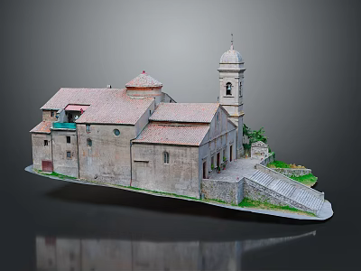 Traditional Stone Building With Red Tiled Roof Bell Tower Stone Steps And Greenery 3d model