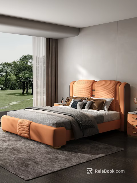 Double Bed with Orange Quilted Upholstered Headboard Gray Comforter Pillows Window Natural Light Green View 3d model 