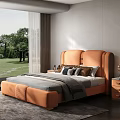 Double Bed with Orange Quilted Upholstered Headboard Gray Comforter Pillows Window Natural Light Green View